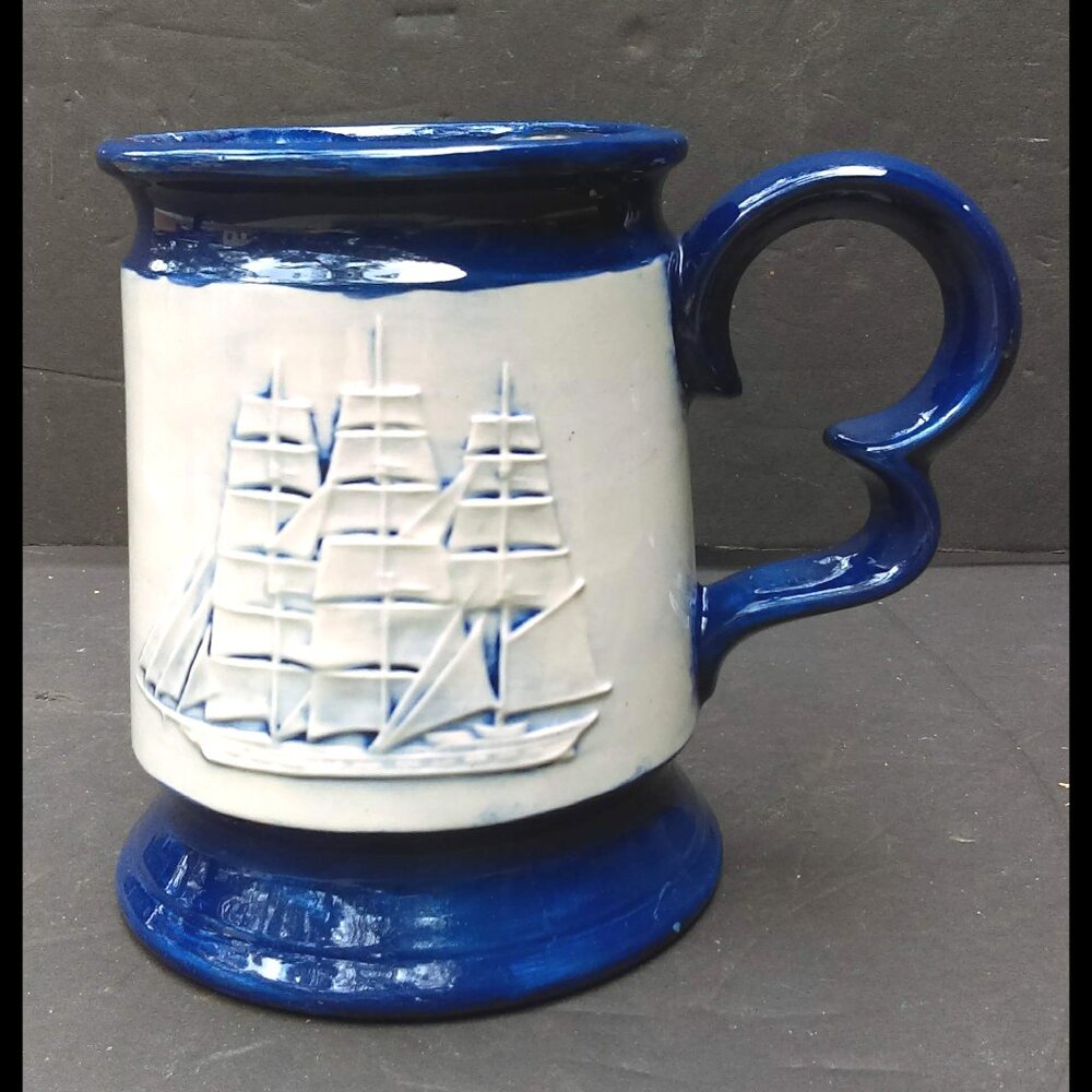 Vintage Blue and White Father's Day Mug with Sailing Ship and Father Poem 1980